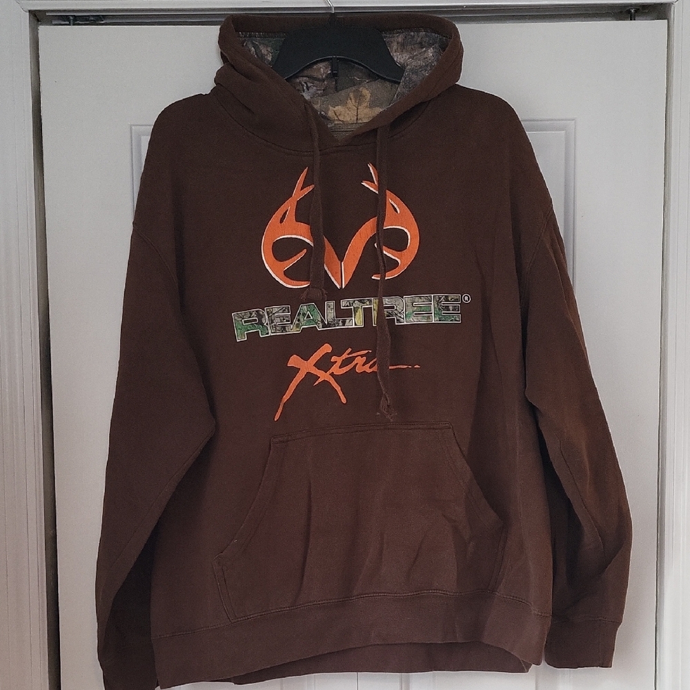 Realtree Men's Y2K Brown Hoodie with Orange Logo
